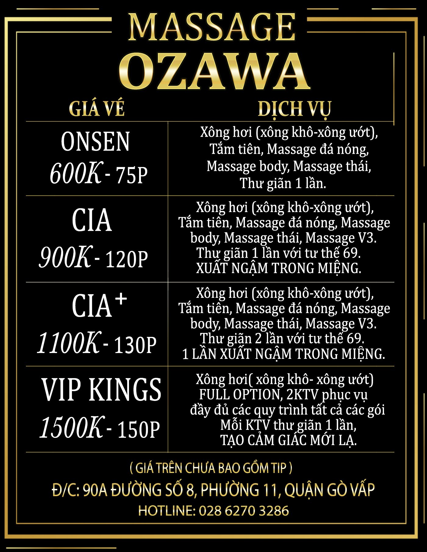 Bảng giá vé massage Ozawa Gò Vấp