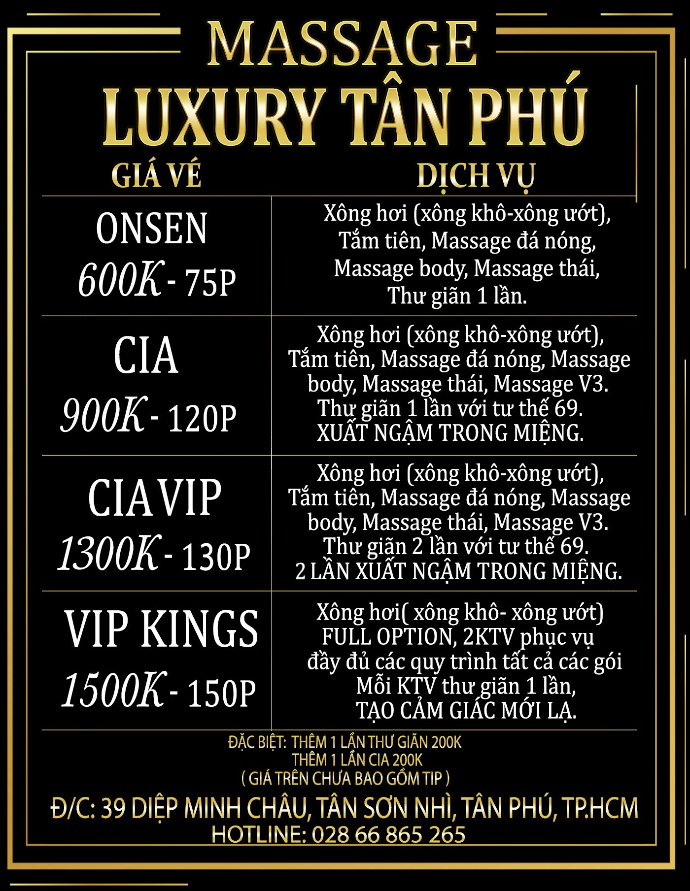 Bảng giá vé massage Luxury Tân Phú